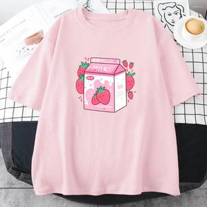 T-shirts pour femmes T-shirt imprimé de dessin animé de lait de fraise T-shirt décontracté à manches courtes T-shirts à col rond en coton doux de haute qualité T-shirts femmes filles