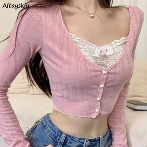 Camisetas para mujer Camisetas de manga larga con cuello en V Diseño de encaje para mujer Tops cortos sexys lisos Moda simple Ropa de calle Ulzzang Dulce Slim