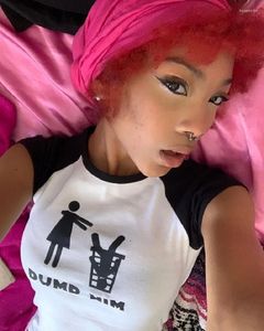 T-shirts pour femmes Vintage Punk Patchwork Slim Crop Top Gothique Fée Grunge Graphique Imprimé T-shirt à manches courtes Y2k Esthétique Mignon Bébé Tee