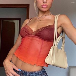 T-shirts pour femmes Femme Dentelle Y2k Top Sexy See-Through V Neck Crop Tops Bodycon Sans Manches Club Soft Mesh Tank Vintage Femme Vêtements