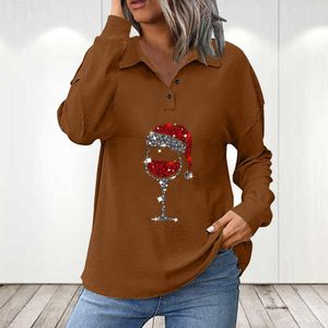 Camisetas de mujer Camisa de mujer Blusa Botón Tapeta Tops Copa de vino tinto Impresión Solapa Túnica Manga larga Casual Mujer Rayas