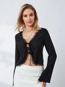 T-shirts pour femmes Femmes S Deep V Col Long Bell Sleeve Crop Top Dentelle Cils Trim Tie Blouse Blouse Chemise Été Casual Sortir Tops