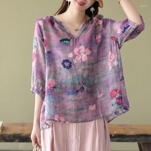 T-shirts pour femmes femmes à manches courtes décontracté coton chemise imprimée florale Style chinois col en V Blouse Vintage été doux hauts confortables