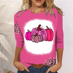 Camisetas para mujer, moda informal para mujer, cuello redondo, manga tres cuartos, estampado de cáncer de mama, camiseta corta para mujer