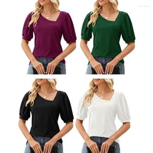 T-shirts pour femmes T-shirts décontractés à manches courtes pour femmes T-shirts basiques de couleur unie Asymétrique Oblique Col en V Slim-Fit Blouses Tunique Top S-2XL