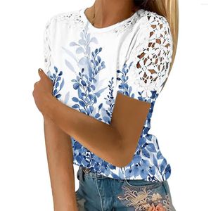 T-shirts pour femmes Tops pour femmes Tee Summer Fashion Print Lace Crochet Short Sleeve Crewneck Shirt Camisetas Casual Blouse Ladies T-Shirts