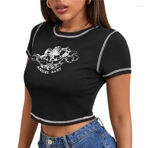 Camisetas de mujer Xingqing, camisetas cortas con estampado de pequeño ángel para mujer, camisetas de punto de cuello redondo de manga corta, camiseta ajustada de verano Y2k