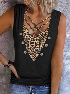 Débardeurs pour femmes Camis Femmes Criss-Cross Front Button Fake Two-Piece Design Tank Top Leopard Color Block Summer Casual Chemise sans manches Tunique Blouse T230517