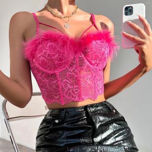 Réservoirs de femmes Furry Débardeurs Femmes Y2K Gilet Rose Luxe Dentelle Romper Lingerie Fuzzy Cuir Camisole Sexy Filles Blusa Corset Top Crop