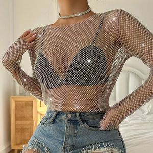Blusa sexy translúcida hueca con diamantes de imitación de malla sin mangas para mujer para usar al aire libre