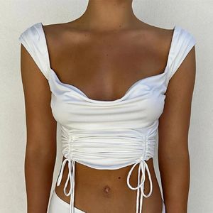 Camisetas sin mangas para mujer, ropa de calle, Tops cortos para mujer, blusa sin tirantes con cordón ajustado, camiseta básica de algodón blanca sexi, camiseta sin mangas de verano