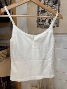 Tanques de mujer Sweet Lace Trim Slim Crop Top Mujeres Verano Sexy Sin mangas Botón blanco Camisola de algodón Mujer Vintage Sólido Lindo Y2K Tanque