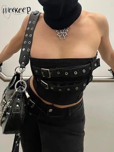 Tanks pour femmes Weekeep Gothic Black Denim Tube Top Punk Style Ceinture Patchwork Bustier Corset Tops Femmes Streetwear Y2K Tee Dark Academic