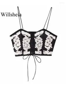 Chars de femmes Willshela Femmes Mode Broderie Lace Up Bandage Camisole Vintage Bretelles Minces Chauffe Cou Femme Chic Lady Tops