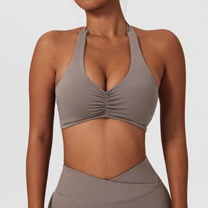 Débardeurs pour femmes Femmes Halter Neck Soutien-gorge de sport Froncé Fitness Gym Yoga Débardeur Entraînement Push Up Crop Tops Dos Nu Rembourré Activewear