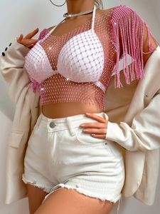 Tanques de mujer Sexy con cuello en V Rhinestone Short Crop Top Blink Crystal Borla Fringe Hombro Decoración Diamond Fishnet Shirt
