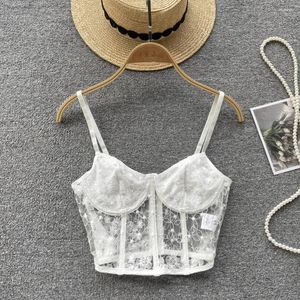 Tanques de mujer Mujeres Sexy Lace Sheer Corset con correas Sin mangas Camis Hook Flower White Tank Top Girl V Cuello Crop Tops Back Cremallera