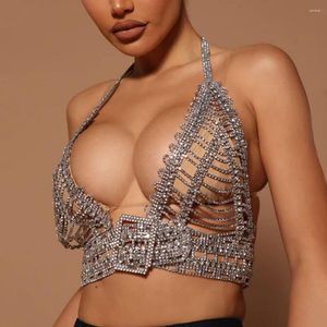 Tanques de mujer Y2K Glitter Rhinestone Halter Crop Top para mujer Ropa interior sexy Party Rave Bra Night Club Girls Coquette See-through Costume