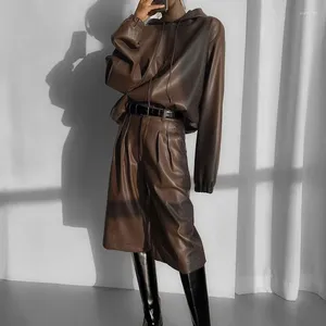 Women's Tracksuits 2023 Autumn Fashion Pu Leather Suit Long Sleeve Hooded Top High Waist Shorts Two-piece Club Clothing Vestidos