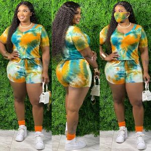 Chándales de mujer Casual Tie-Dye Plus Size Lady V-cuello Camiseta de manga corta Cintura alta Bodycon Biker Shorts Conjunto de dos piezas