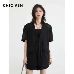 Tracksuits pour femmes Chic Ven Femmes Blazer Black Solid Solid Sleeve Chinois Frog Ladies Suit Elastic High Waited Shorts Set Summer 2024