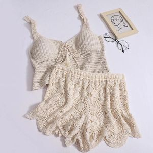 Trajes de mujer Moda Damas Hollow Crochet Lace Beach Sexy Shorts Sólido Conjunto de dos piezas 2024 Verano Mujeres Retro Traje de baño