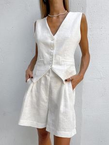 Survêtements pour femmes Foridol Pockets Fashion White Cotton Linen Vest Shorts Set Summer Buttons Wide Leg Outfits 2 Pcs Women Suit 2023