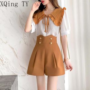 Survêtements pour femmes French Retro Women Outfits Summer First Love Sweet Double Layer Doll Neck Tops Irregular Wide Leg Shorts Two Piece Set