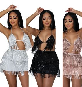 Survêtements pour femmes Fringe Gland Sexy Paillettes Deux Pièces Ensemble Femmes Festival Vêtements Dos Nu Croix Halter Crop Top Shorts Ensembles Correspondant Outfi