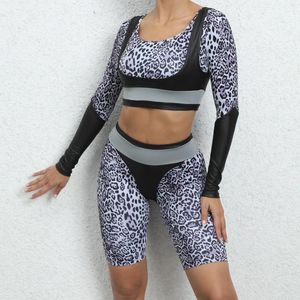 Costumes de femmes à manches longues costume de sport pour fitness femmes vêtements de sport léopard sport deux pièces shorts de cyclisme ensemble survêtement lycra violet