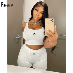 Survêtements pour femmes Prowow Moon Print Ensemble de vêtements pour femmes Cropped Vest Tops Shorts Deux pièces Summer Workout Sweat Suits Couleur blanche Tenues côtelées P230419