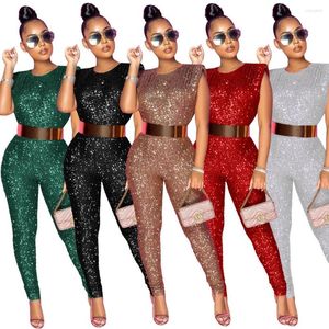 Survêtements pour femmes Sexy sans manches Sequin Club Jumpsuit (sans ceinture) Femmes Bodycon Rompers Night Party Clubwear Long Skinny Pants One Piece