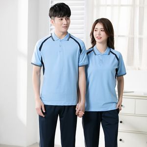 Chándales para mujer Solapa de verano Algodón Transpirable Ropa deportiva para escuela secundaria Venta al por mayor Camiseta de manga corta para niño + Pantalones Uniforme de escuela secundaria superior