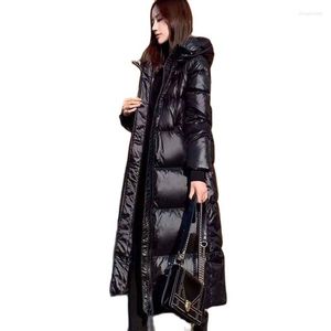 Women's Trench Coats Black Down Warm Padded Jacket Long Knee-length Coat Shiny Korean Version Loose Hooded Pocket Thickened Cotton