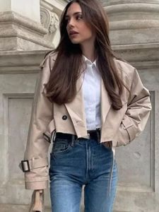Women's Trench Coats Cropped Women Long Sleeves Khaki Jacket Basic Classic Style Lady High Street Casual Loose Top Female 2023