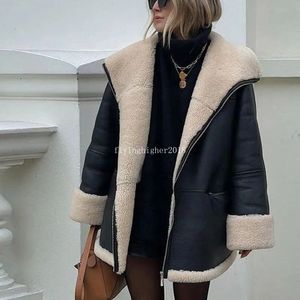 Women's Trench Coats Fashion Cashmere Leather Fur Collar Composite Coat Autumn Winter Thick Warm PU Jacket Casual Women Black Zip Vintage