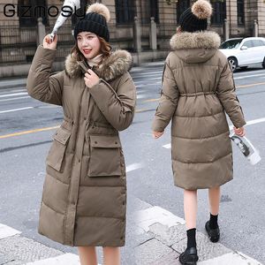 Trench-Coats Women Coats Gizmosy Casual Loose Hooded Parkas Fashion Fashion Solide Épais M manteur Femelle Elegant Slim Cotton Veste Faux Fur