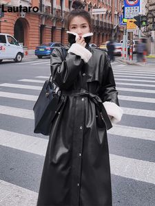 Women's Trench Coats Lautaro Winter Long Warm Thick Leather Trench Coat for Women with Faux Fur Inside Belt Loose Korean Fashion Fur Lined Parka 231213