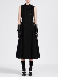 Gabardina para mujer diseñador de pasarela otoño botón negro chaleco abrigo vestido moda elegante Vintage fiesta Casual Oficina Slim Fit Midi