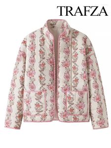 Trenchs de femmes TRAFZA Femme Chic Printemps Contraste Couleur Rose Fleur Imprimer Stand Cou Manteau Matelassé Femme Vintage Manches Longues Lâche