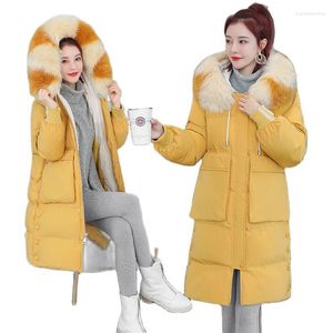 Trench femme manteaux veste d'hiver longues femmes Parkas manteau 2023 femme coton rembourré avec capuche col en fausse fourrure dames chaud basique hauts C