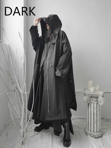 Gabardina para mujer, gabardina para mujer, diseño de viento Yamamoto, abrigo oscuro con capucha, drapeado largo por encima de la rodilla, chaqueta de nicho, otoño 2021