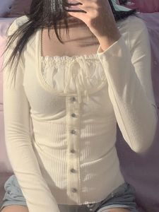 TShirt Femme Y2K Doux Mignon Crop Top Dentelle Frill Bow Pulls Vintage Col Carré T Shirt Femmes Skin Button Prepply Korean Tees 221119