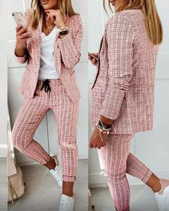 Femmes deux pièces pantalon décontracté imprimé à carreaux Blazer manteau cordon ensemble 2021 automne femmes vêtements de travail mode costume ensembles à manches longues