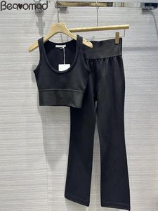 Pantalon de deux pièces pour femmes, créateur de mode, automne, noir, pantalon de sport décontracté, costume, col rond, gilet sans manches, taille haute, crayon mince