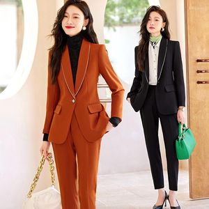 Pantalon deux pièces pour femmes, haut de gamme, petite veste de costume Orange, manches longues, vêtements de travail, vêtements d'affaires, tempérament, salopette décontractée