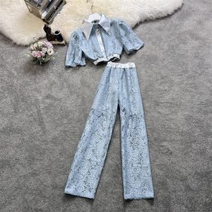 Femmes deux pièces pantalon crochet fleur creux costumes bureau dames Sexy élégant trois quarts travail manteau et Capris large jambe ensembles