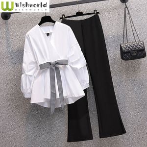 Pantalon deux pièces pour femmes grande usure printemps et été mince haut sens chemise de mode coréenne deux pièces ensemble élégant 230426
