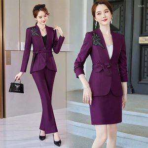 Pantalon de deux pièces pour femmes, manches longues, mode élégante, jupe violette, uniformes El, coupe cintrée, robe de princesse sexy, noire, formelle occidentale