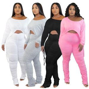 Pantalon deux pièces pour femmes NY88043 Articles en gros Pull Sweat Femme Sexy Crop Top T Shirt À Manches Longues Cropped Tshirt Set